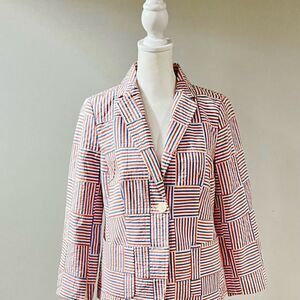 Talbots Women's Seersucker Patchwork Red White Blazer Casual Preppy Jacket Sz 2